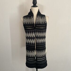 Lauren Ralph Lauren Scarf Black/Grey Geometric Knit Lambs Wool Crochet Details